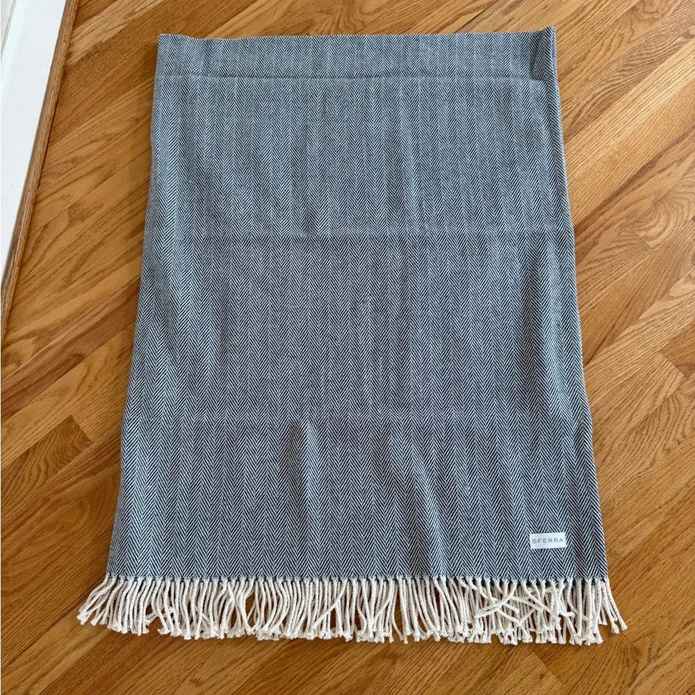Sferra Navy Herringbone Throw Blanket with Fringe